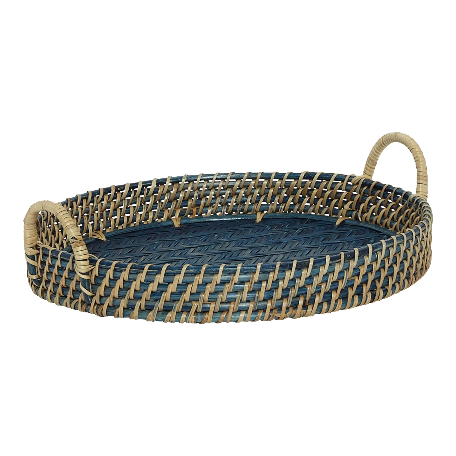 Navy Blue Round Rattan Tray, Large | Chairish