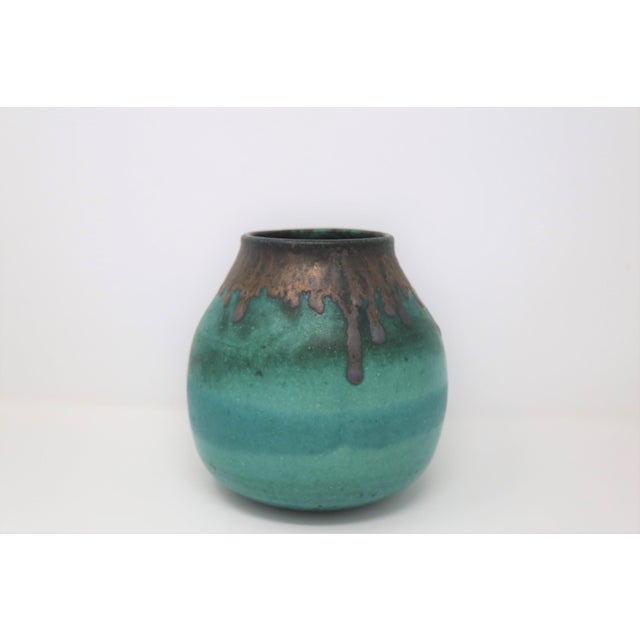Mid 20th Century Teal Vase With Brown Rim, Signed For Sale - Image 5 of 5