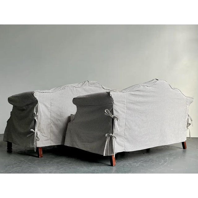 Alabaster Vintage Regency Ticking Stripe Slipcover Camelback Sofas - A Pair For Sale - Image 8 of 11