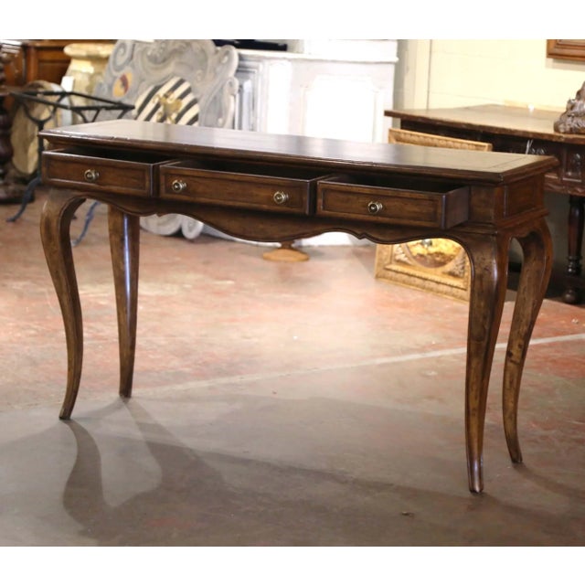 Mid 20th Century Mid-Century French Louis XV Carved Walnut Three-Drawer Console Table For Sale - Image 5 of 8