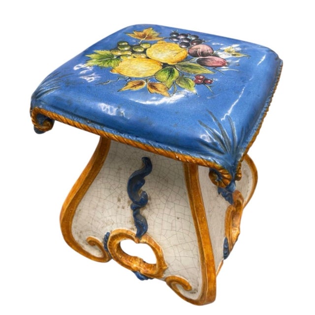 Italian Vintage Italian Majolica Hand-Painted Ceramic Fruit Stool & Side Table For Sale - Image 3 of 12