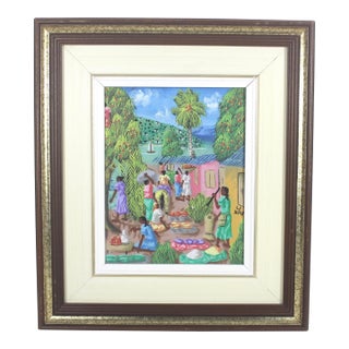 Vintage Original Art Painting, Signed by Artist, Colorful Market Framed For Sale