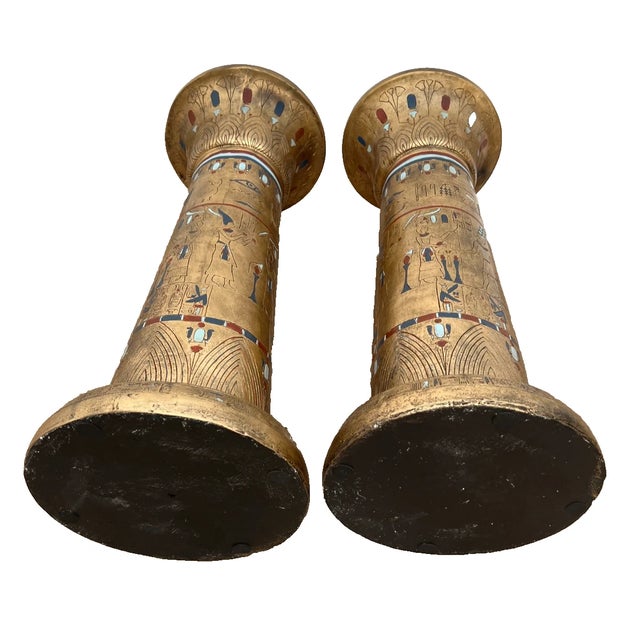 Vintage Egyptian Column Plant Stands Pedestals Carved Stone Look Resin Set of Two For Sale - Image 13 of 13