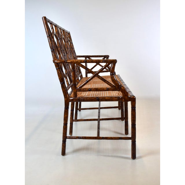Wood Faux Bamboo Settee With Leather Cushion, Tortoise Shell Finish For Sale - Image 7 of 15