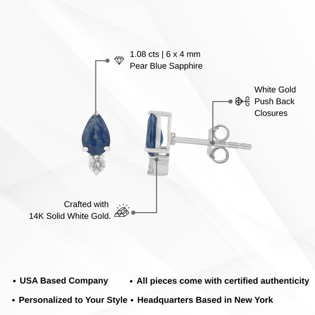 Minimalist 1.08ct Pear-Cut Blue Sapphire & Diamond Stud Earrings 14k Gold- A Pair For Sale - Image 12 of 15