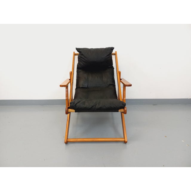 Vintage Adjustable Folding Chaise Lounge in Pine and Faux Leather, 1960s For Sale - Image 11 of 17