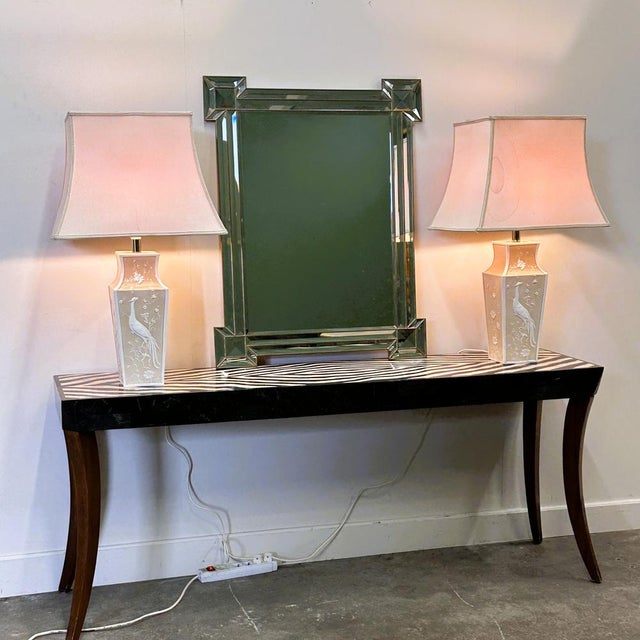 Textile Large Cream Ceramic Table Lamps with Relief Peacocks and Fabric Shades, Set of 2 For Sale - Image 7 of 16