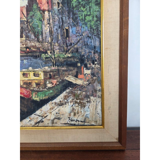 Blue Mid-Century John F. Helm (B. 1900-1972) Harbor Scene Oil Painting on Canvas For Sale - Image 8 of 10