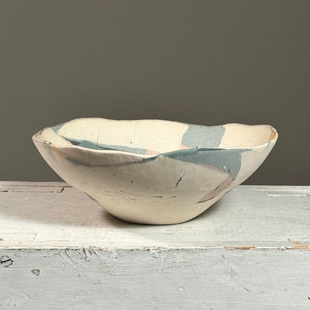 Vintage Postmodernist White Matte Ceramic Bowl, Signed. Postmodernist patchwork detail on matte white ceramic. In good...
