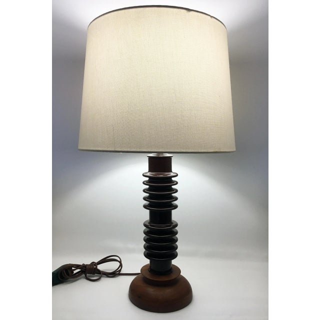 Mid-Century Modern Ceramic Insulator Spool Lamp With Solid Walnut Base For Sale - Image 3 of 12