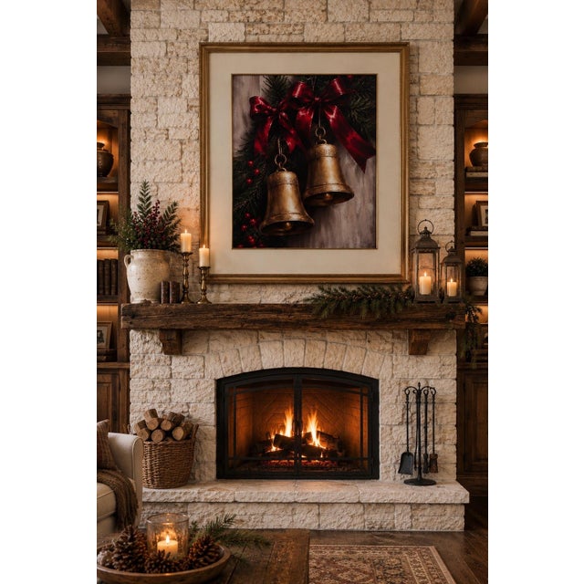 Brass Substantial 40” Tall Framed Christmas Bell Wall Canvas Art With Ornate Gilt Wood Frame & Silk Mat For Sale - Image 8 of 11