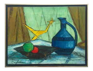 Vintage Mid Century Modernist C. John Framed Original Still Life Oil Painting on Canvas