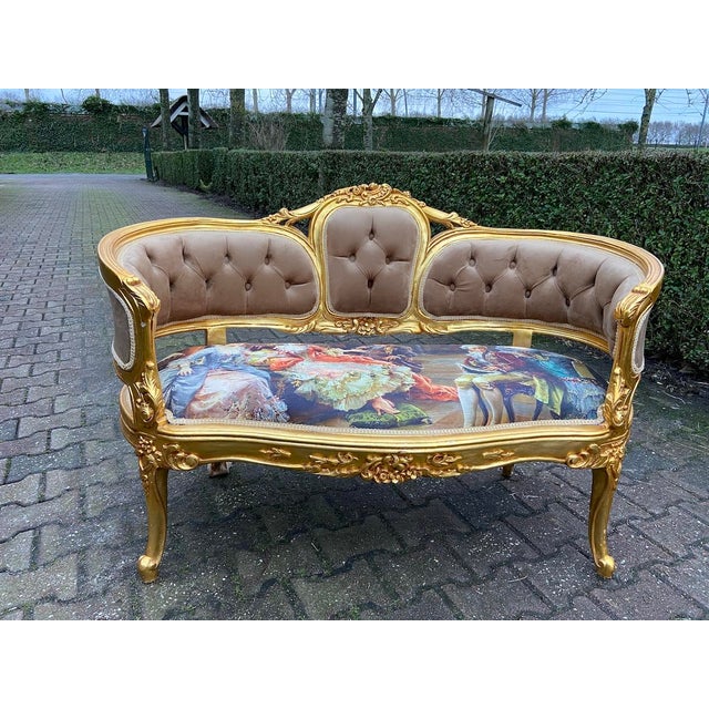 1970s 1970s French Louis XVI Gold Beech Brown Velvet Settee 1pc For Sale - Image 5 of 14