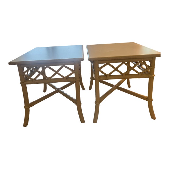 Ficks Reed 2 End Tables Distressed Pineapple Bamboo White Formica Top For Sale