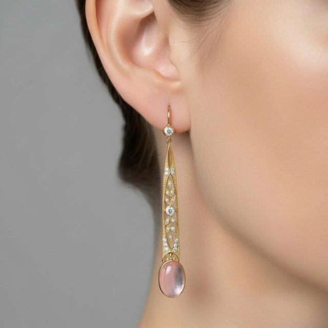 Not Yet Made - Made To Order Art Nouveau Rose Quartz Drop Earrings Silver, Gold, A Pair For Sale - Image 5 of 5