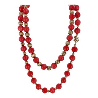 Signed Tiffany & Co. Vintage Natural Coral & Yellow Gold Bead Necklace, 38" Long For Sale