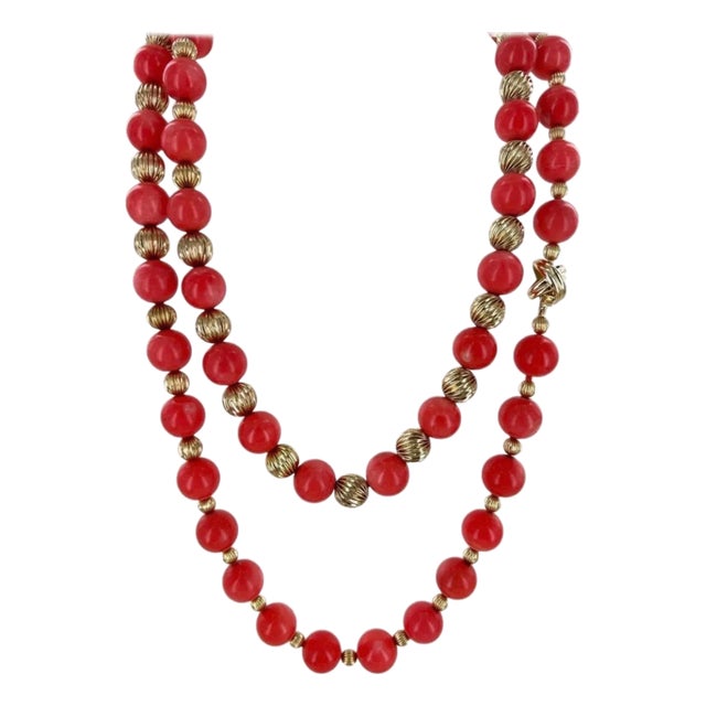 Signed Tiffany & Co. Vintage Natural Coral & Yellow Gold Bead Necklace, 38" Long For Sale