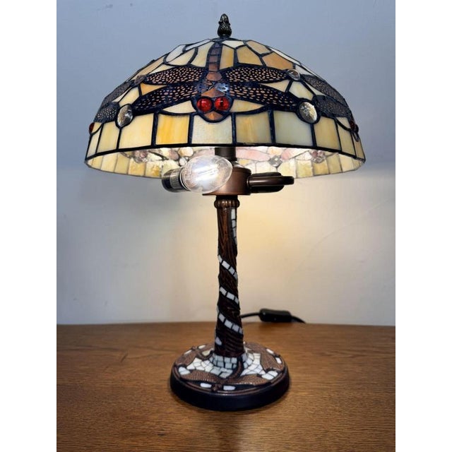 Yellow Mosaic Lamp with Dragonfly Motif in the style of Tiffany For Sale - Image 3 of 5