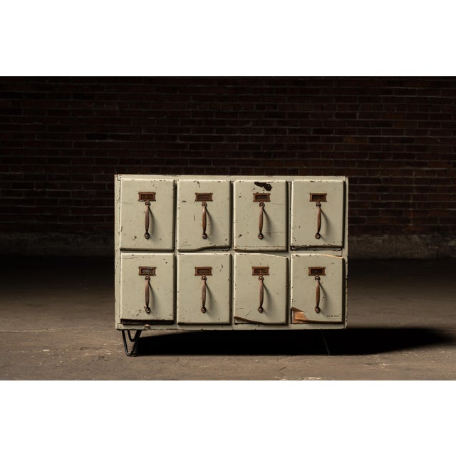 Industrial Vintage Eight-Drawer Wooden Card Catalog–Style Cabinet on Hairpin Legs For Sale - Image 3 of 7