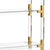 Five shelf acrylic etagere with gold metal supports and tempered glass shelves.