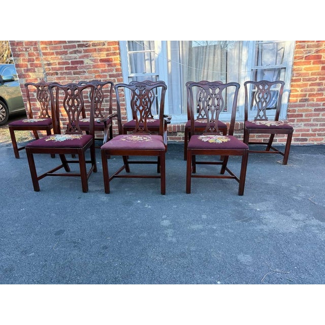Antique Chippendale style neddle point seat dining chairs. Solid wood frame, H Stretcher base, 6 side chairs and 2...