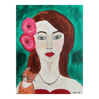 'Ruby & Fritz' - An Abstract Acrylic Painting Portrait of Woman With a Tabby Orange Cat Cat by Artist Nadia Nabhan For Sale