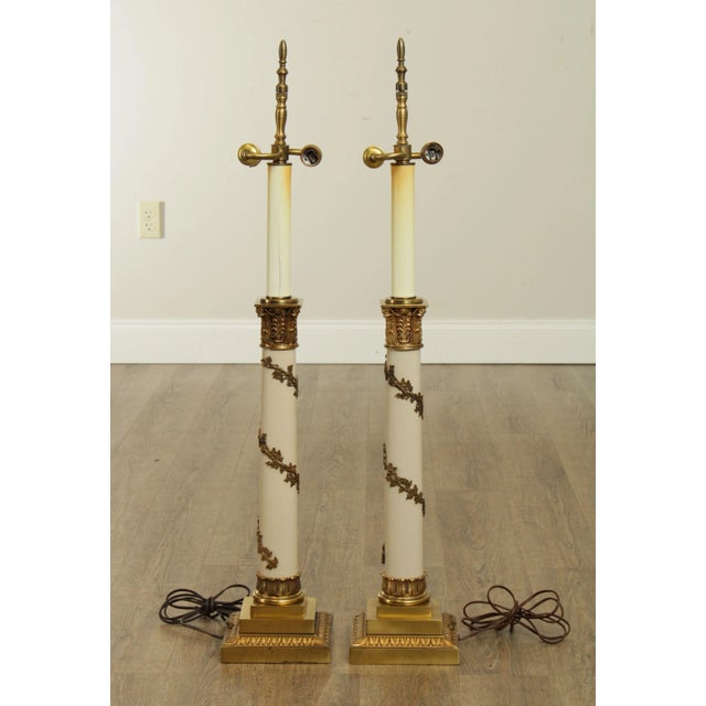 Stiffel Stiffel Neo-Classical Style Ivory Lacquered And Brass Column Table Lamps - a Pair For Sale - Image 4 of 13