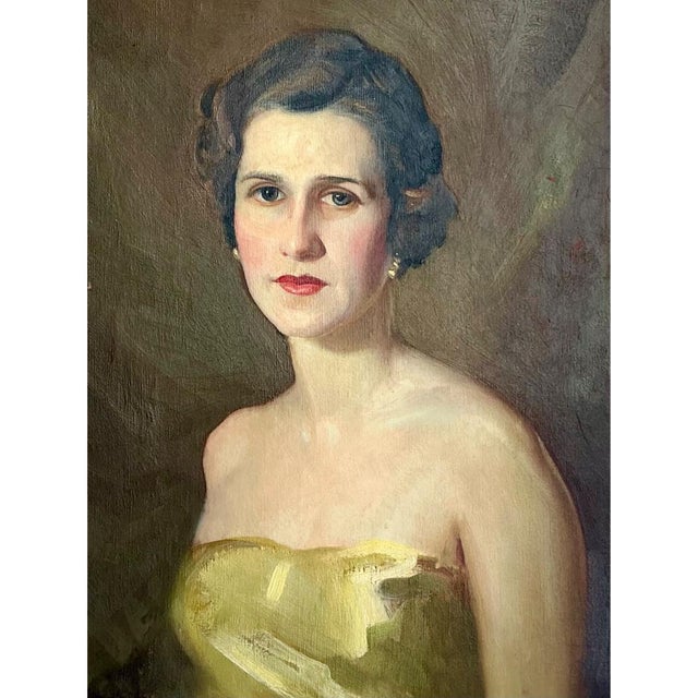 Vintage Oil Portrait of Woman in Gold Dress For Sale - Image 9 of 18
