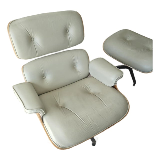 Eames Lounge Chair & Ottoman, Beige Leather With Walnut For Sale