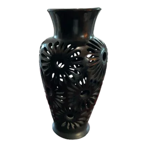 1990s Oaxaca Black Pottery Vase With Flower Cut Outs