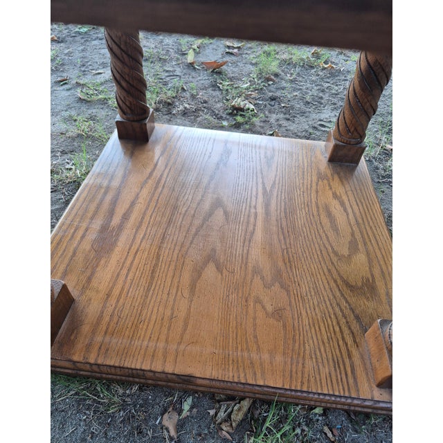 Wood Mid-Century Spanish Revival Oak Parquet Two-Tier End Tables - A Pair For Sale - Image 7 of 10