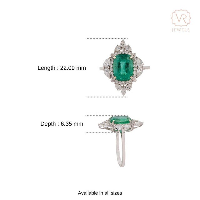 Regal 18k White Gold 3.31ct Zambian Emerald & 1.04ct Diamond Halo Cocktail Ring Size 9 For Sale - Image 11 of 17