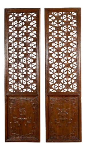 Mid 19th Century Chinese Wooden Panels with Floral Motifs and Carved Objects - A Pair