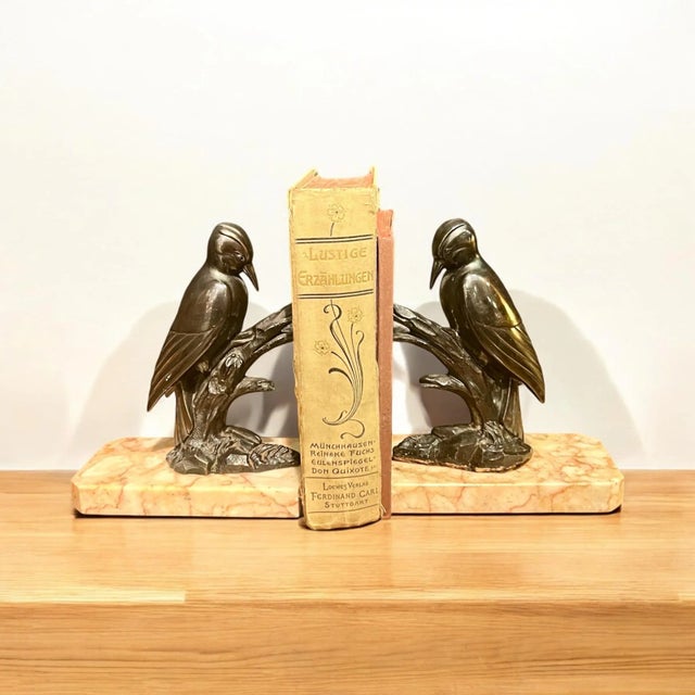 Art Deco Style Bookends in Tin & Marble, 1940s, Set of 2 For Sale - Image 3 of 8
