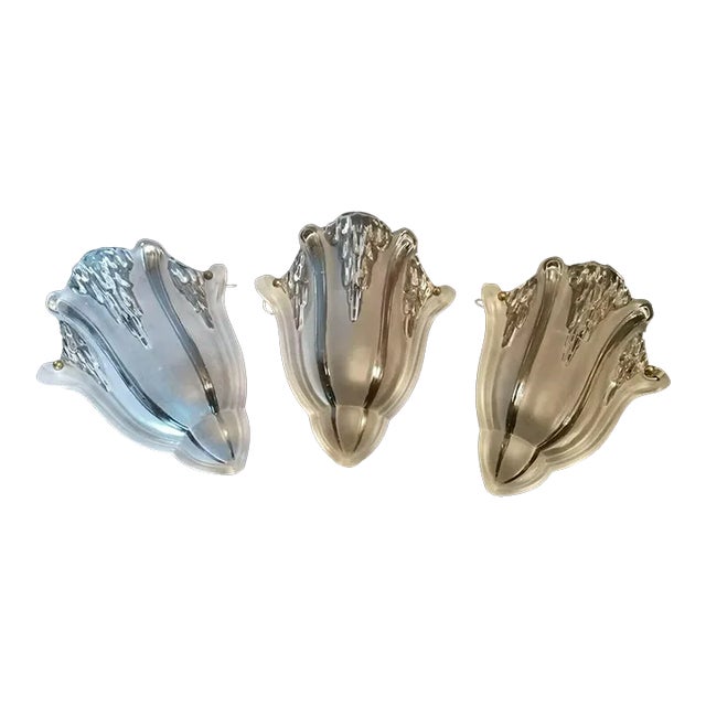 1920's French Art Deco Glacier Form Art Glass Angular Wall Sconces Signed by Ezan Set of 3 For Sale