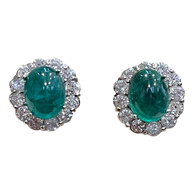 12 Ct Natural Emerald Zambia Cabochon & 4 Ct Diamond Stud Earring 14 KW Gold For Sale