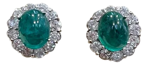 12 Ct Natural Emerald Zambia Cabochon & 4 Ct Diamond Stud Earring 14 KW Gold