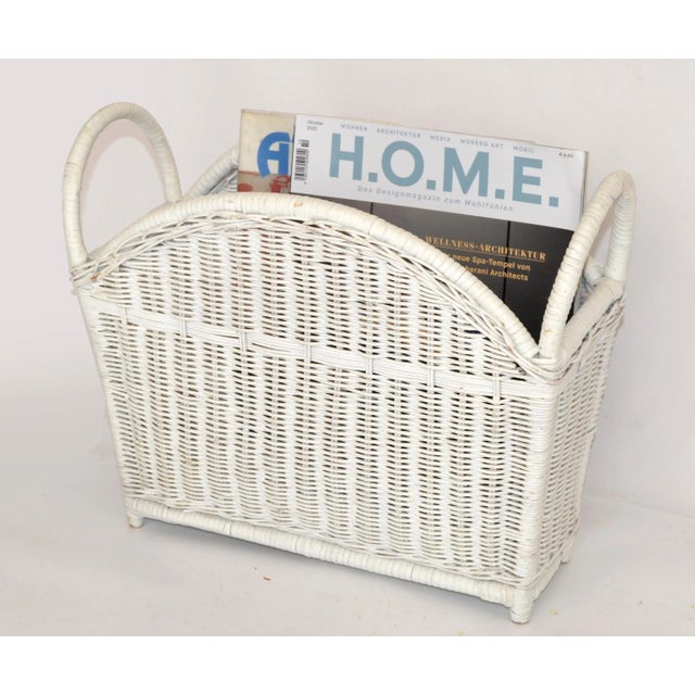 1970s Mid-Century Modern Tropical white bleached Wicker and Rattan Magazine Rack, Newspaper Stand. Handwoven Craftsmanship...