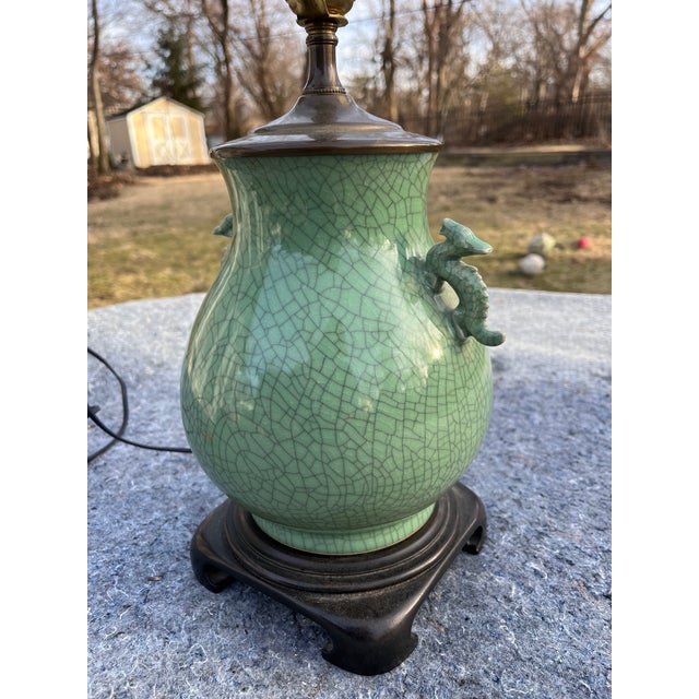 Mid-Century Modern Mid 20th Century Celadon Crackle Vase Table Lamp With Dragon Handles For Sale - Image 3 of 9