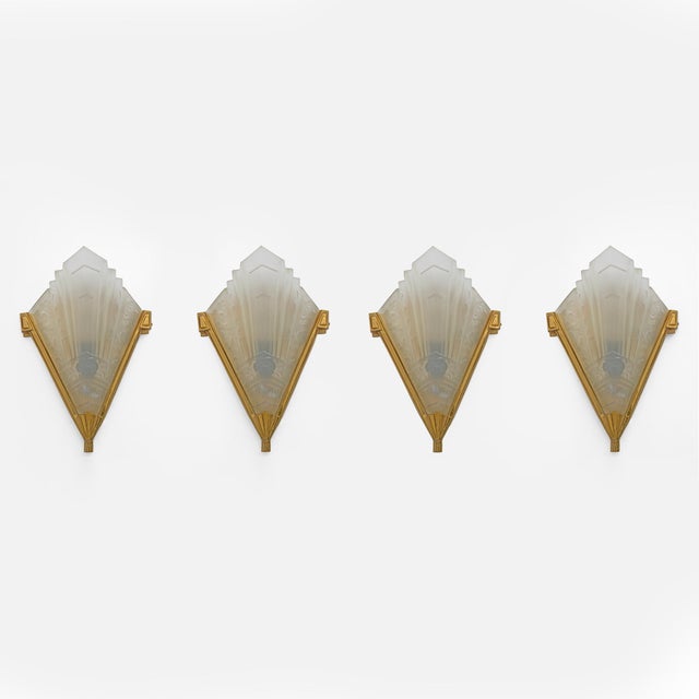 Gold Art Deco Pressed Glass and Brass Sconces, France, 1930s For Sale - Image 8 of 9