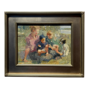 American Impressionist Beach Scene With Family and Spaniel, Original Oil Painting, Framed