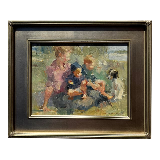 Late 20th Century American Impressionist Family With Spaniel at the Shore — Original Oil on Board by Bye Bitney,Framed For Sale
