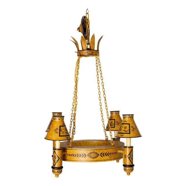 Vintage Black and Gold Tole Chandelier, Directoire Style, 1950s For Sale