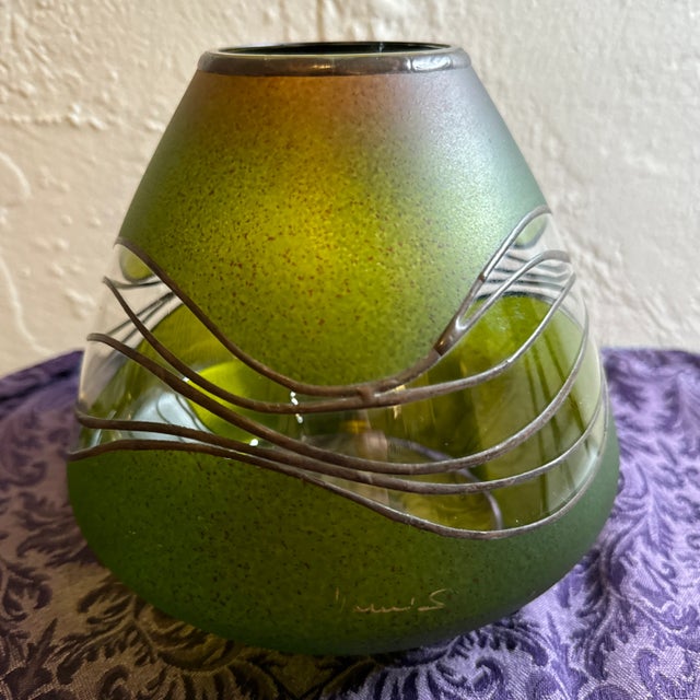 Late 20th Century Vintage Green Glass and Metal Artist Signed Vase For Sale - Image 5 of 10