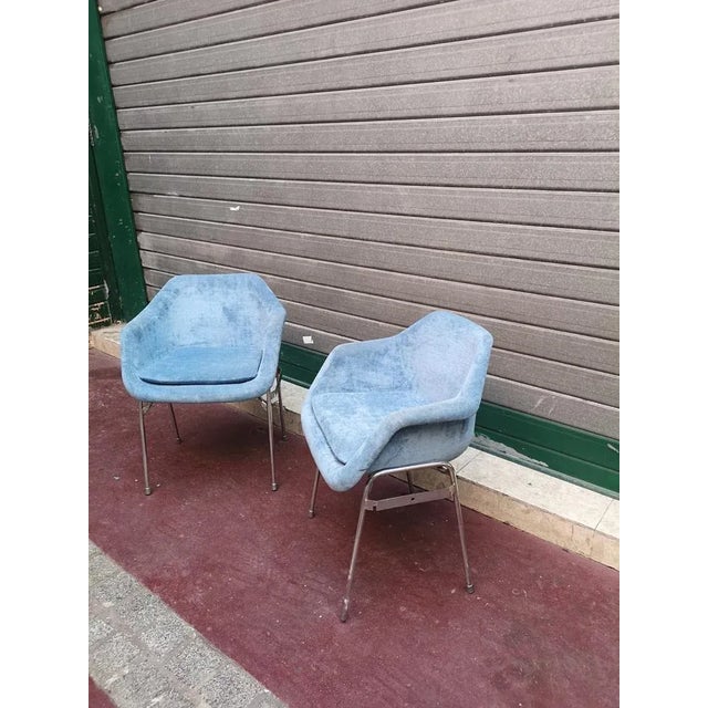 Set of Blue Upholstery and Chrome Armchairs, 1970s For Sale - Image 4 of 10