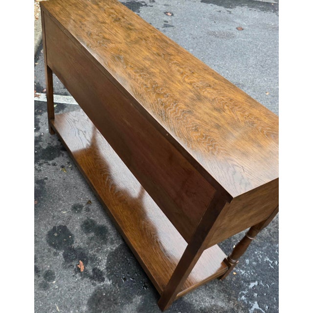 Late 20th Century Baker Furniture Georgian-Style Carved Oak Welsh Dresser With Open Plate Rack [2-Part], Brass Bail Hardware and Turned Supports For Sale - Image 12 of 15