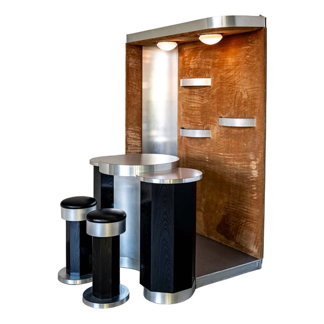 Large Brushed Aluminium Bar with Stools, Set of 3 For Sale