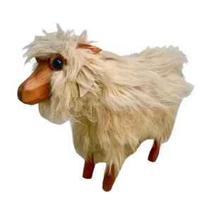 Vintage Pinewood Goat Sculpture with Long Fur and Leather, 1970s