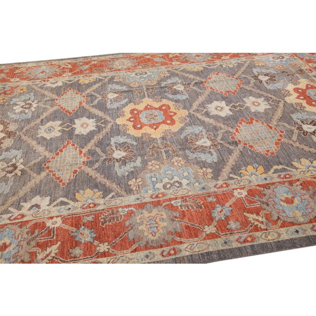 Modern Sultanabad Handmade Gray & Rust Wool Rug With Allover Motif For Sale In New York - Image 6 of 7