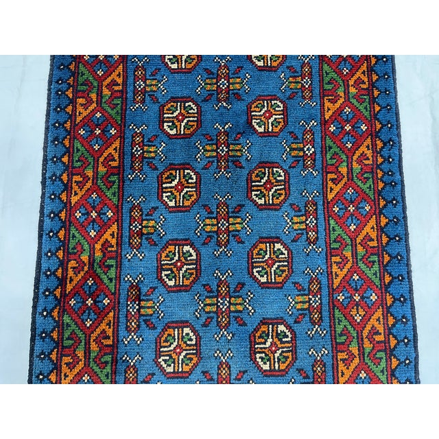 Extra-Long Teal Blue Tribal Wool Runner Rug With Geometric Medallions ...